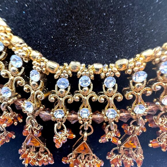 Vintage Indian Bollywood Style Gold Tone Crystal Bib Necklace With Amber Beads – - Picture 7 of 12